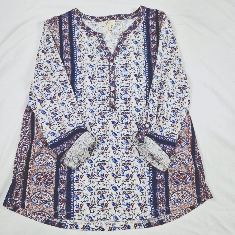 Style & Co. Blue and Brown Patterned Blouse